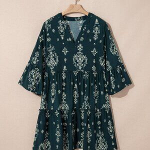 Boho Floral Lettuce Trim 3/4 Sleeve Mini Dress